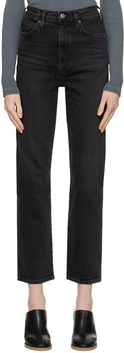 Shop Agolde Black Pinch Waist Kick Flare Jeans In Panoramic