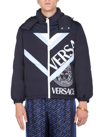 Shop Versace Down Jacket With Logo Print In Blue