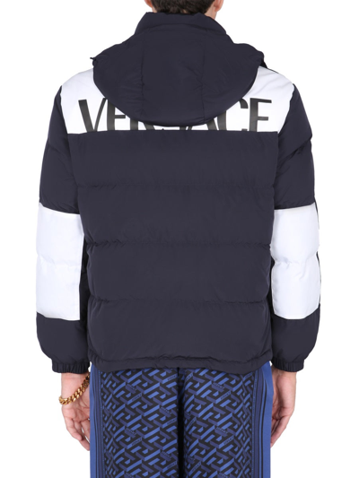 Shop Versace Down Jacket With Logo Print In Blue