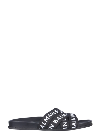 Balmain Union Logo Strap Flat Sandals In Black | ModeSens