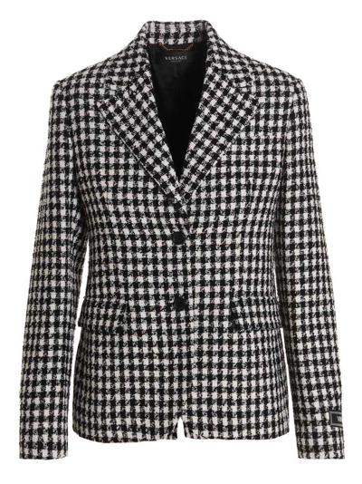 Shop Versace Tweed Wool Blazer Jacket In White/black
