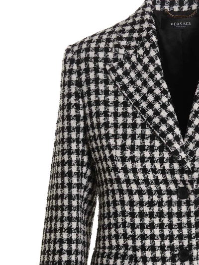 Shop Versace Tweed Wool Blazer Jacket In White/black