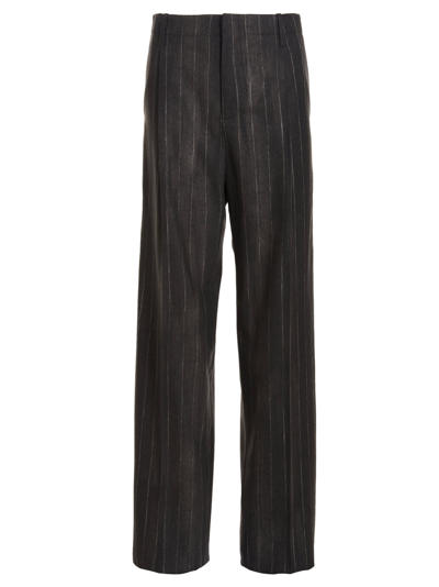 Shop Versace Flare Pinstripe Pants In Gray