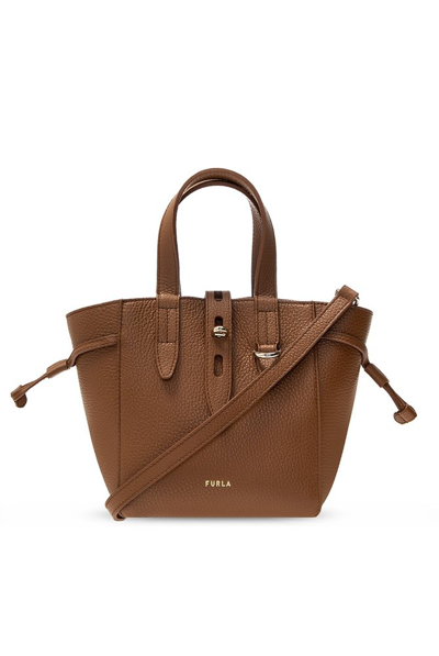 Shop Furla Net Logo Printed Mini Tote Bag In Brown