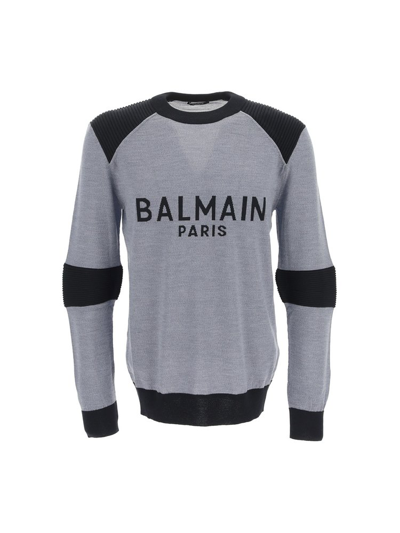 Shop Balmain Logo Intarsia Knitted Jumper In Grey