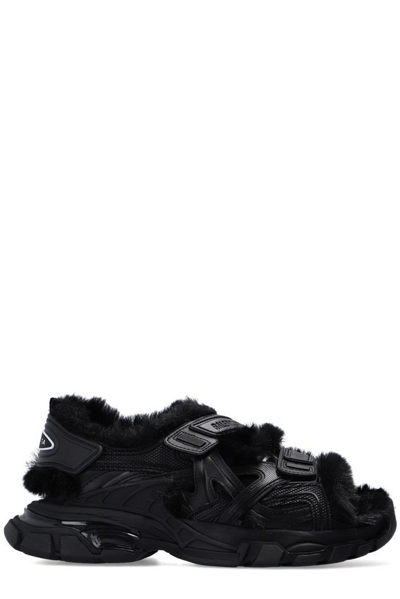 Shop Balenciaga Fake Fur Track Sandals In Black