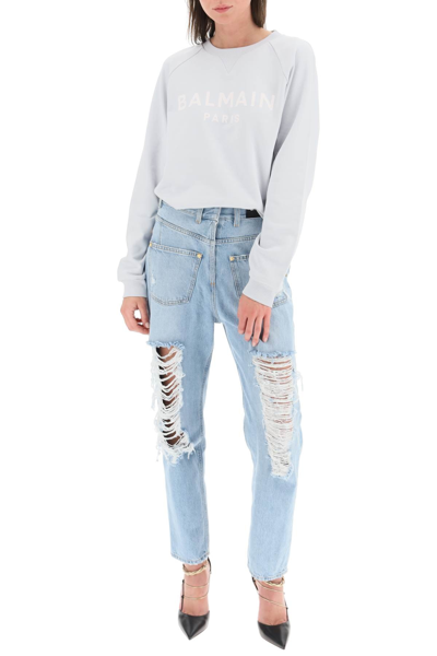 Shop Balmain Logo Print Sweatshirt In Light Blue