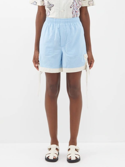 Shop Bode Lace-up High-rise Cotton Shorts In Blue White