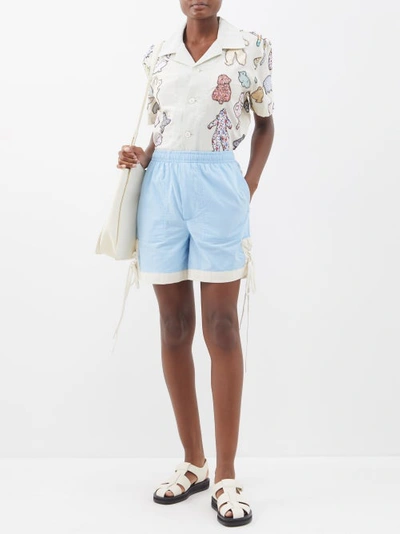 Shop Bode Lace-up High-rise Cotton Shorts In Blue White