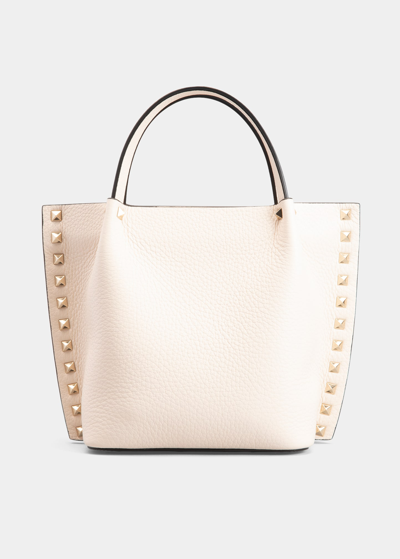 Shop Valentino Rockstud Small Calfskin Top-handle Tote Bag In Light Ivory