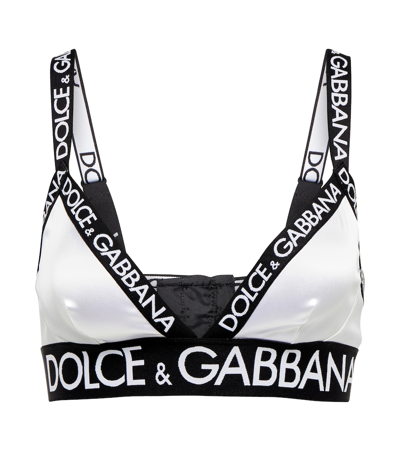 Shop Dolce & Gabbana Logo Satin Bra In Bianco Ottico