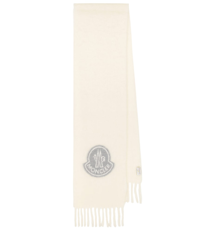 Shop Moncler Logo Wool-blend Scarf In White