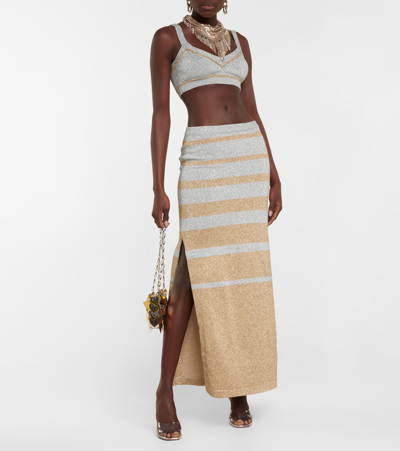 Shop Paco Rabanne Striped Metallic Knit Maxi Skirt In Gold / Silver