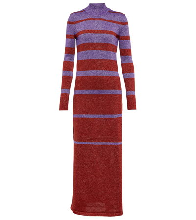 Rabanne Metallic Stripe Knit High-neck Maxi Dress In Purple / Red