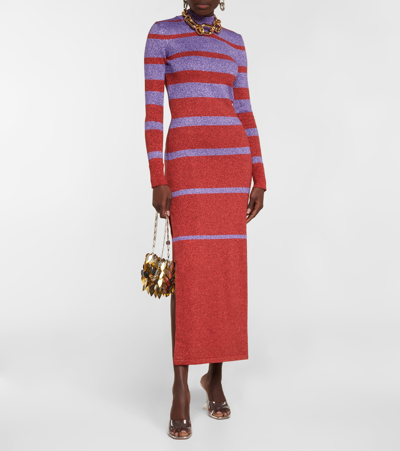Rabanne Metallic Stripe Knit High-neck Maxi Dress In Purple / Red