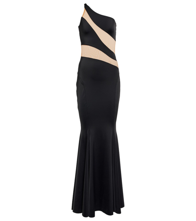 Shop Norma Kamali Mesh-paneled Jersey Gown In Black/nude Mesh