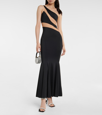 Shop Norma Kamali Mesh-paneled Jersey Gown In Black/nude Mesh