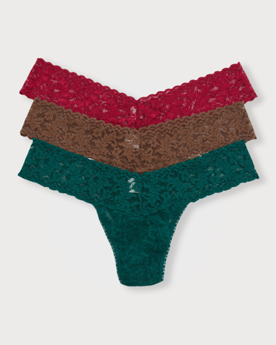 Shop Hanky Panky 3-pack Low-rise Multicolor Lace Thongs In Cranberry/cappucc