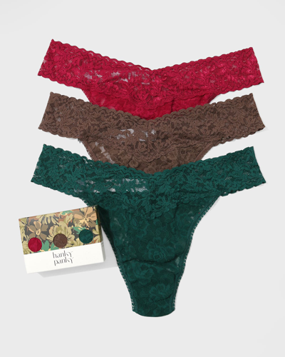 Shop Hanky Panky 3-pack Original-rise Multicolor Lace Thongs In Cranberry/cappucc
