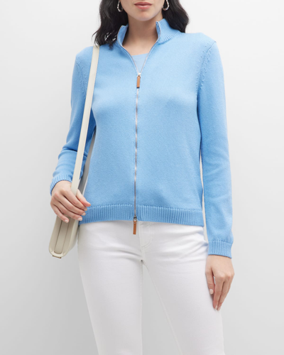 Shop Lafayette 148 Cotton/silk Tape Fitted Bomber Sweater In Cool Blue