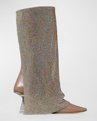 Shop Benedetta Bruzziches Virginia Crystal Mesh Wedge Knee Boots In Golden Honey