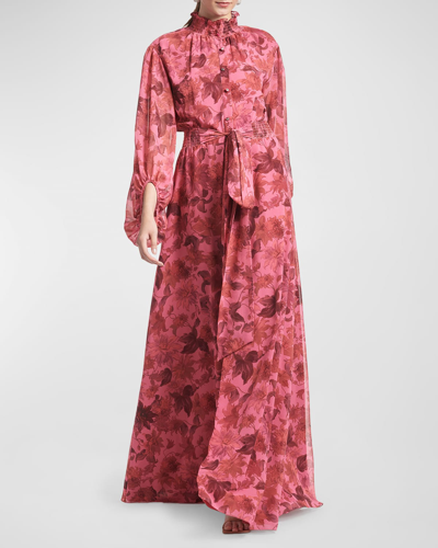 Shop Sachin & Babi Ronit Balloon-sleeve Floral-print Gown In Sunset Pink Dalia