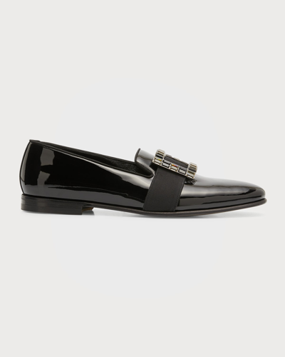Shop Manolo Blahnik Men's Eaton Crystal Buckle Patent Leather Loafers In Black