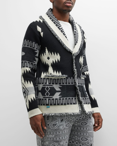 Shop Alanui Men's Icon Jacquard Shawl Cardigan Sweater In Black Multicolor