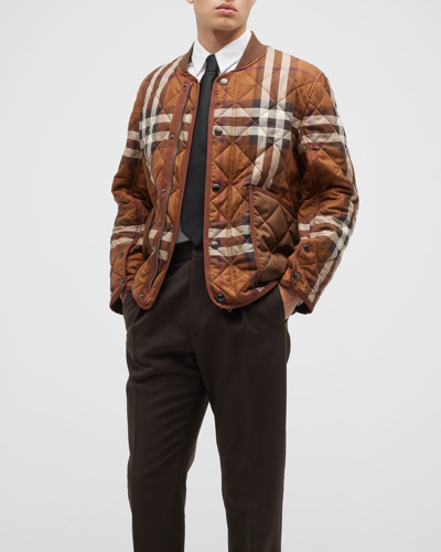 Shop Burberry Men's York Quilted Vintage Check Coat In Dark Birch Brown