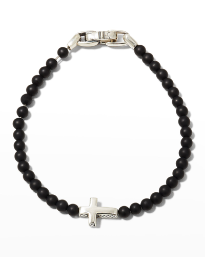Shop David Yurman Men's Spiritual Beads Cross Station Bracelet In Silver, 4mm In Black/silver