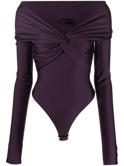 The Andamane Kendall Off The Shoulder Lycra Bodysuit In Purple