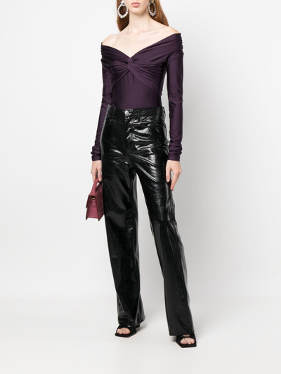The Andamane Kendall Off The Shoulder Lycra Bodysuit In Purple