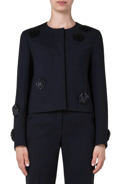 Shop Akris Punto Wool Blend Crepe Crop Jacket With Beaded Tassel Dots In Black