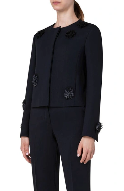 Shop Akris Punto Wool Blend Crepe Crop Jacket With Beaded Tassel Dots In Black