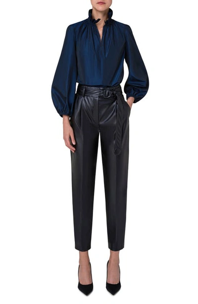 Shop Akris Punto Ruffle Neck Taffeta Blouse In Navy