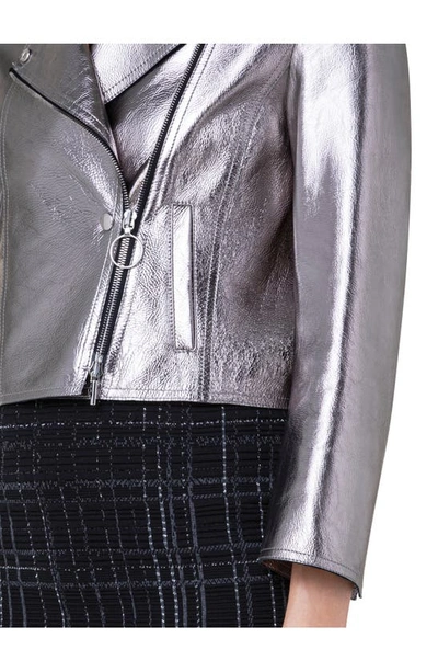 Shop Akris Punto Metallic Lambskin Leather Biker Jacket In Silver