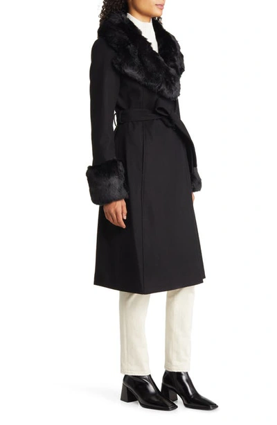 Shop Via Spiga Longline Coat With Faux Fur Trim In Black