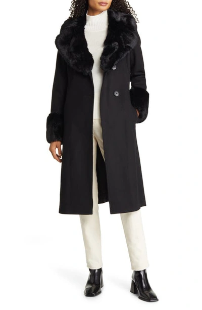 Shop Via Spiga Longline Coat With Faux Fur Trim In Black