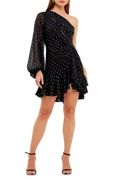 Shop Endless Rose One-shoulder Chiffon Minidress In Black