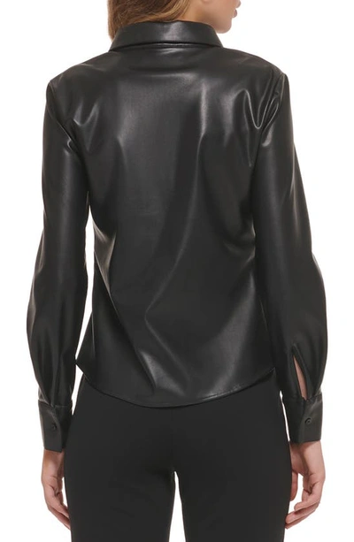 Shop Dkny Ruched Faux Leather Button-up Blouse In Black