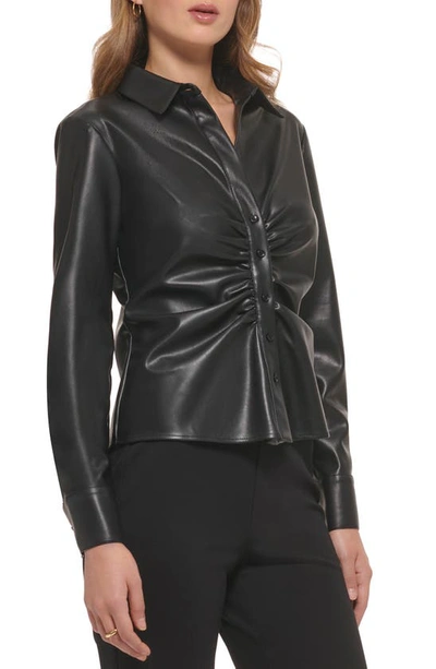 Shop Dkny Ruched Faux Leather Button-up Blouse In Black
