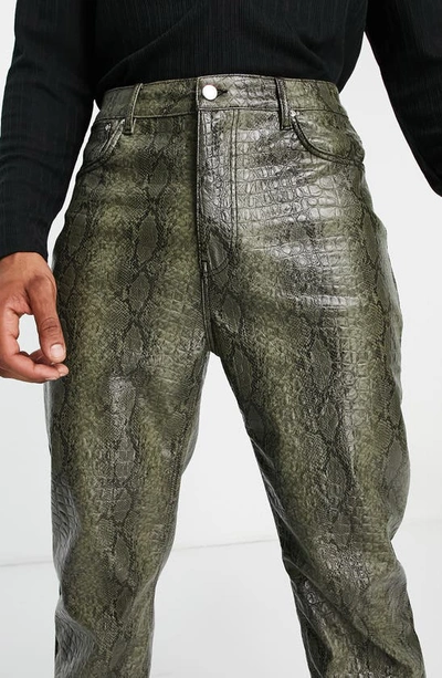 Shop Asos Design Snake Print Faux Leather Dad Fit Jeans In Khaki