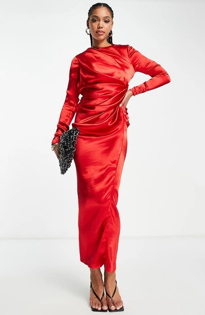 Shop Asos Design Long Sleeve Satin Draped Maxi Dress In Red