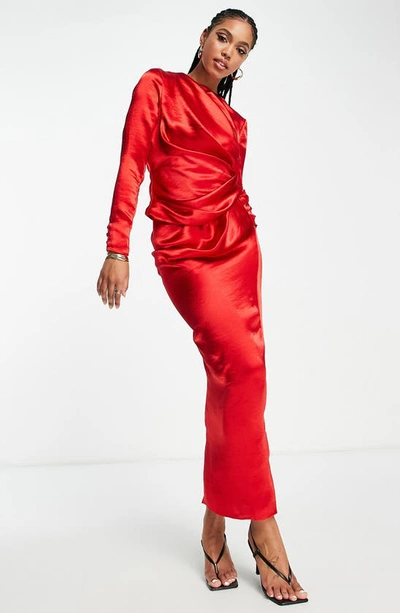 Shop Asos Design Long Sleeve Satin Draped Maxi Dress In Red