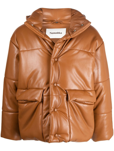 Shop Nanushka Hide Faux-leather Hooded Jacket In Brown