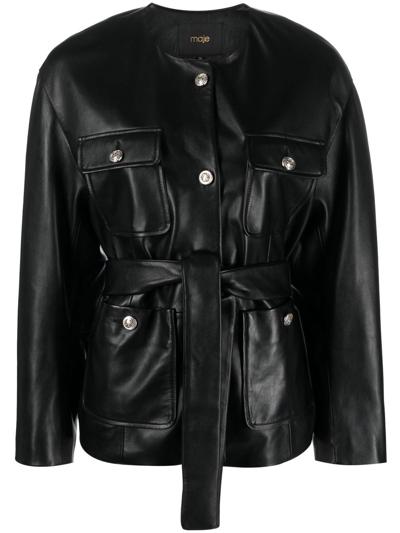 Shop Maje Collarless Leather Jacket In Black