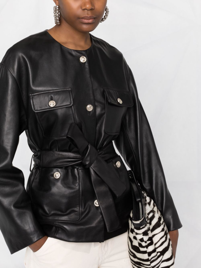 Shop Maje Collarless Leather Jacket In Black