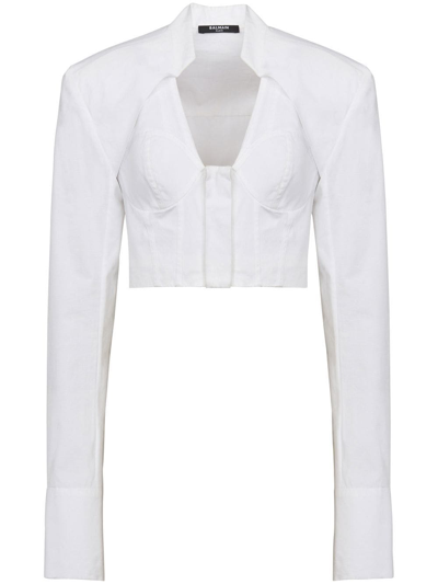 Shop Balmain Cropped Cotton Blouse In White