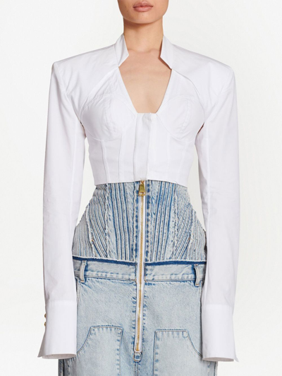 Balmain White Cotton Poplin Cropped Shirt In White