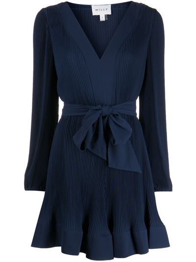 Shop Milly Liv Pleated Mini Dress In Navy